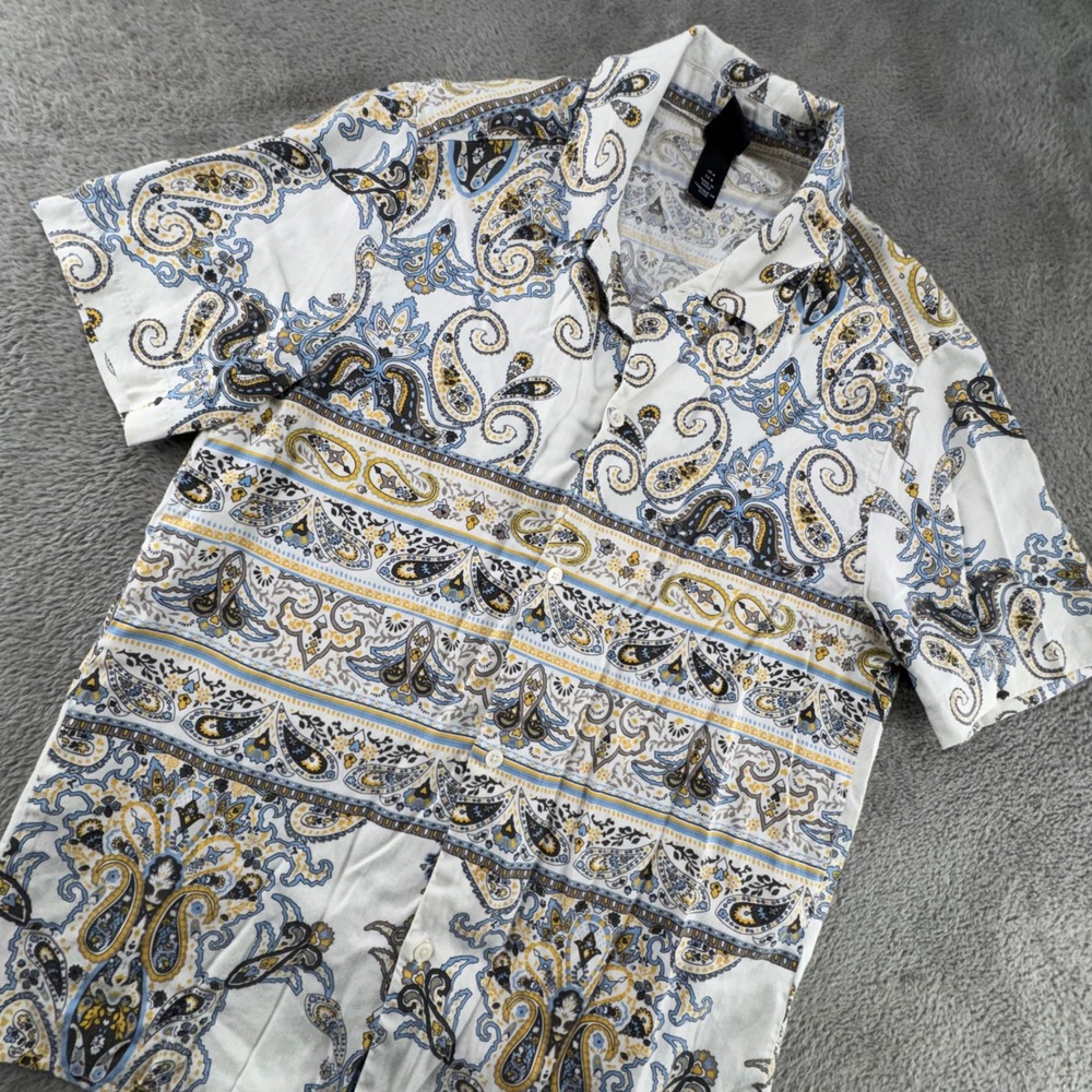 H&M Paisley Button Up Shirt Mens Size M White Blue Lyocell‎ EUC Short Sleeve